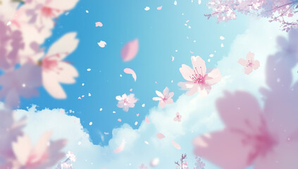 Beautiful spring background with blooming cherry blossom flowers floating in the air, blurred pastel blue sky background.