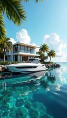 Elegant Miami Beach waterfront estate, private dock, boat, water, estate, canal