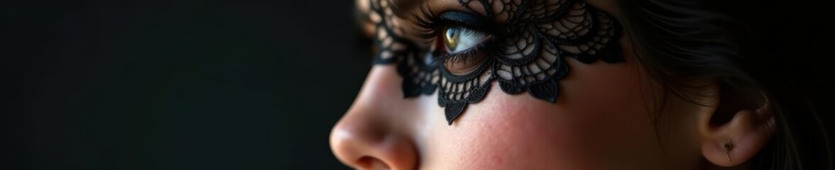 Elegant profile, black lace delicately veiling eyes, rich, shadow, silky