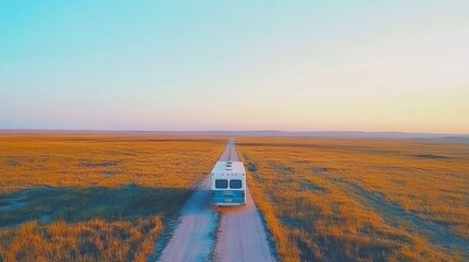 Obraz premium Van driving on a long dirt road across a vast golden field at sunset.