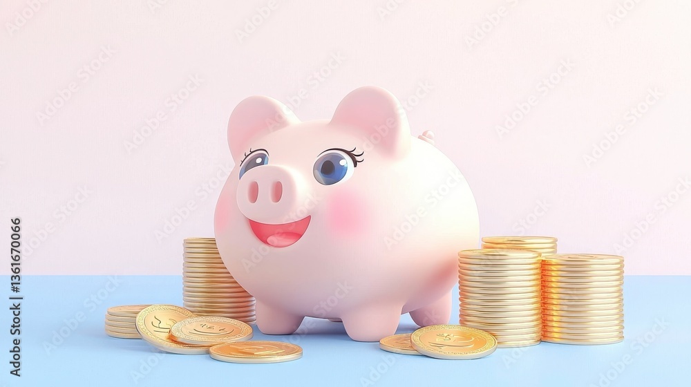 Poster piggy bank with a smiling face surrounded by stacks of golden coins representing the concept of savi