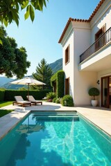 Elegant villa, private pool, sun-drenched terrace, tropical, swimming pool, outdoor