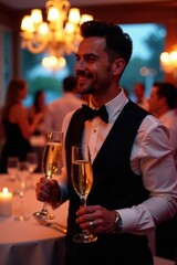 Elegant waiter carries champagne flutes at event, bottle, stylish, staff