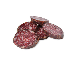 Pieces of delicious dry cured sausage isolated on white