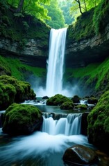 Fototapeta premium Stunning waterfall cascading into tranquil pond in lush green forest