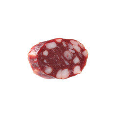 Piece of delicious dry cured sausage isolated on white