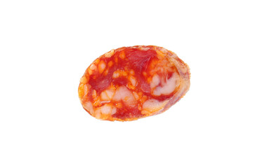 Piece of delicious dry cured sausage isolated on white