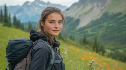Naklejka premium In the mountains and forests, an 18-year-old girl is learning about survival in the wild. 