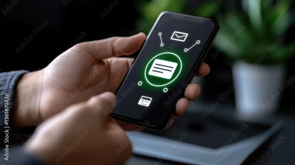 Poster close up of a person s hand holding a smartphone with email and messaging icons displayed on the scr