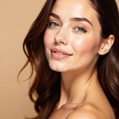 Obraz premium Flawless complexion, elegant makeup Beige background, luxurious feel , high-end, sophisticated, elegant