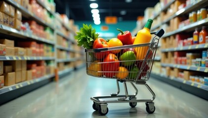 Full shopping cart overflowing with groceries, bottles, basket, local