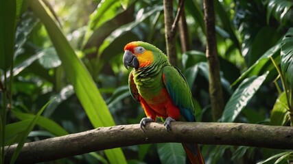 Obraz premium A colorful parrot perched on a branch amidst lush green foliage.