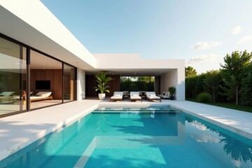 Geometric pool complements minimalist home's sharp angles, architecture photography, home, property