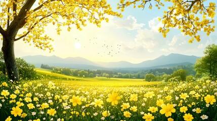 Spring Meadow Landscape: Yellow Flowers, Sunlit Field, Majestic Mountains