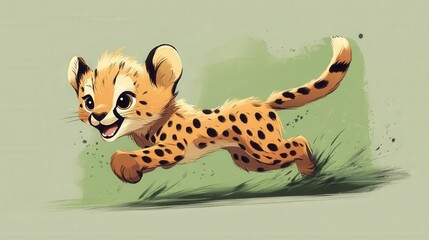 Playful cheetah cub bursts through lush green grass. Vibrant detail captures youthful energy and a sense of swift motion