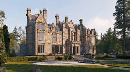 Fototapeta premium Majestic stone mansion surrounded by lush greenery and serene landscape