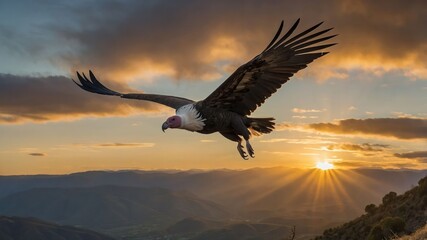 Naklejka premium A vulture soars against a dramatic sunset backdrop, showcasing nature's beauty.