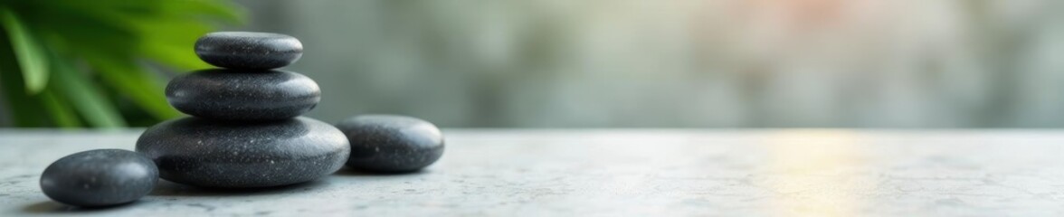 Fototapeta premium Grey marble tabletop, carefully placed spa stones, peaceful scene , serene, still life, wellness