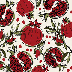 Seamless pattern with hand drawn pomegranates and branches. Bold red fruits with green leaves on light background. Vector fruit design in artistic sketch style for fabric or packaging.