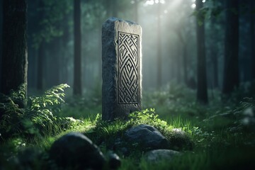 Carved stone monolith in sunlit forest. history and mystery