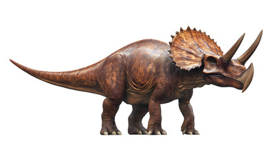 Realistic depiction of a large brown triceratops dinosaur with three horns.