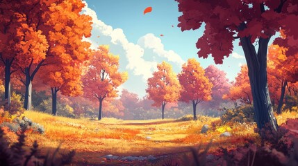 Vibrant autumn landscape with colorful trees and falling leaves on a sunny day.