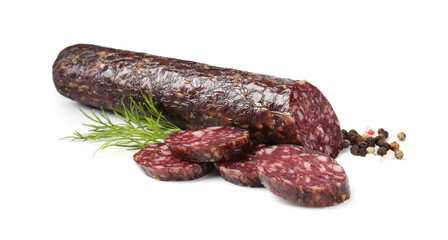 Delicious dry cured sausage and spices isolated on white
