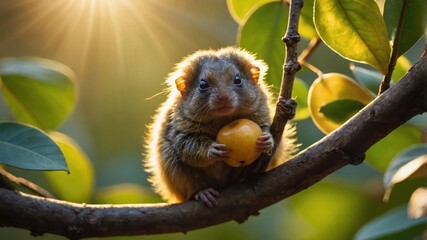 Obraz premium A small, furry animal holds a fruit while perched on a branch, illuminated by sunlight.