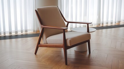 Elegant modern armchair positioned near large windows in a bright interior space, offering a cozy atmosphere for relaxation
