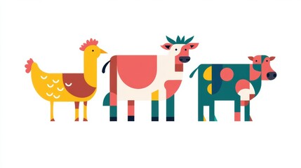 Fototapeta premium Playful geometric illustration of cow, pig, and chicken in vibrant colors, showcasing a minimalist design concept Generative AI