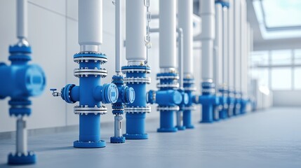The modern industrial pipeline system in chemical factory or power plant with various steel pipes valves and equipment for fluid transfer processing and production