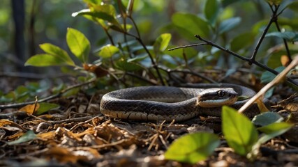 A snake resting among leaves and branches in a forest setting.