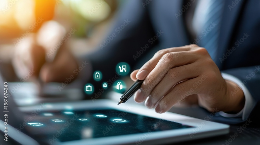 Poster businessman s hands using digital tablet with technology interface and applications at modern office