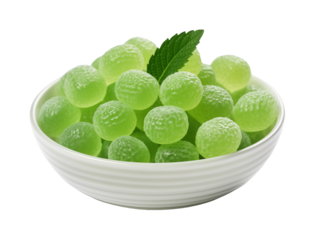 Green marmalade candies in the shape of balls on a dish, isolated on transparent background