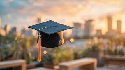 Graduation cap in sunset cityscape