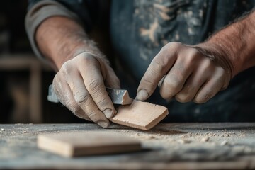 Man carving wooden piece with chisel in dusty workshop. Manual craft and traditional woodworking