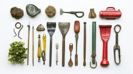 Collection of Vintage Gardening Tools and Accessories on White Background