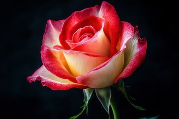 Close-up of Elegant Red and Cream Rose Blossom on Dark Background