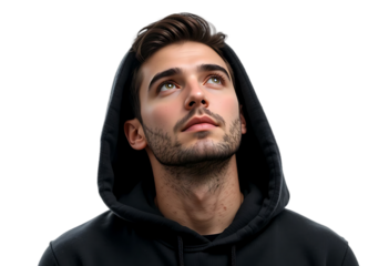Stylish Man in Black Hoodie Looking Up Isolated on Transparent Background – Urban Fashion and Lifestyle Theme