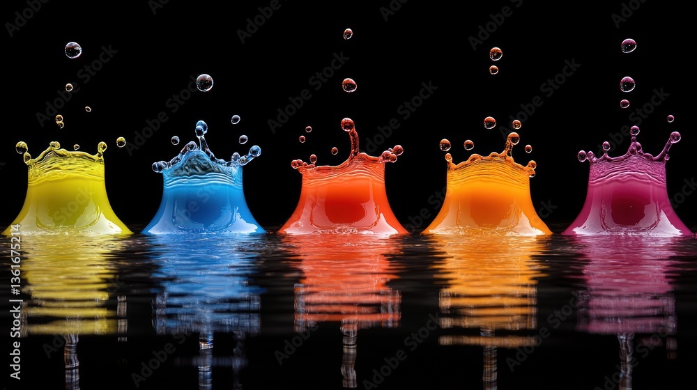 Poster vibrant colored liquid drops splashing into water, creating colorful crowns and reflections.