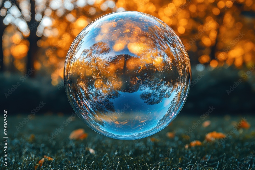 Poster captivating soap bubble floating above vibrant autumn grass amidst colorful foliage in a serene park