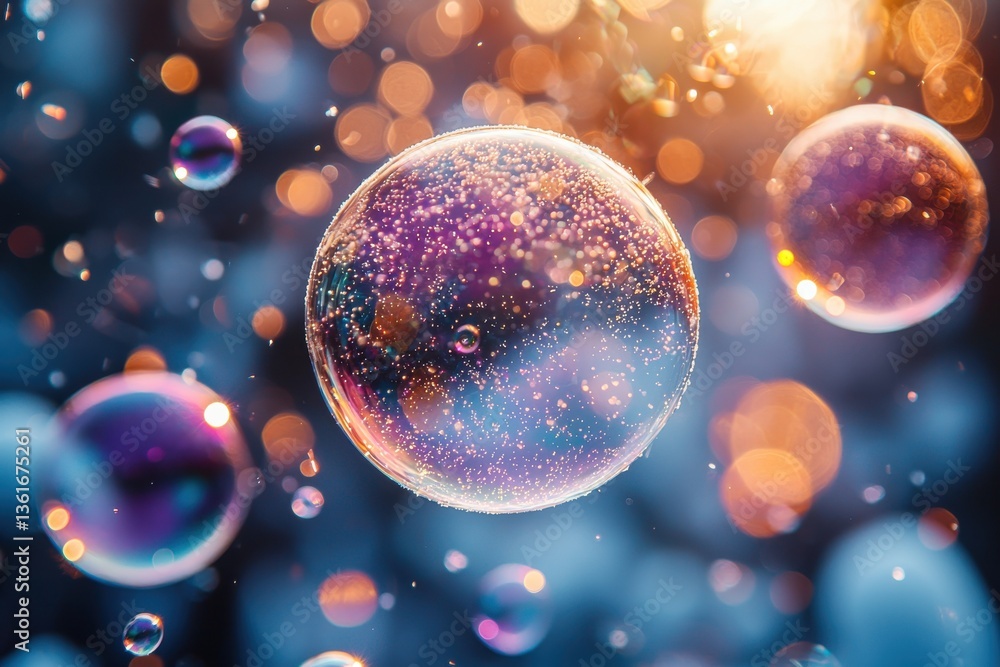 Poster colorful soap bubbles floating in soft light create a mesmerizing experience filled with reflections