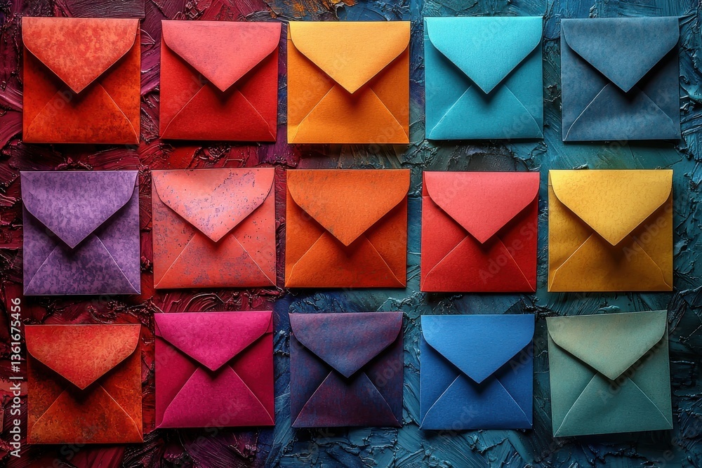 Aufkleber colorful envelopes arranged in a creative pattern on a vibrant textured background