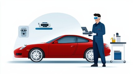 Red high performance sports coupe being serviced and inspected by professional automotive technician in modern garage workshop equipped with laptop computer and various tools and equipment