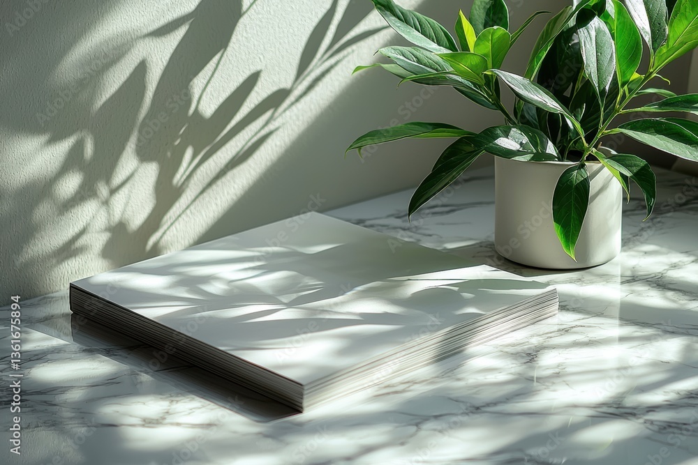 Aufkleber sunlight filters through leaves creating shadows on a marble table with blank sheets and a green pla