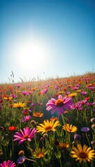 Sun-drenched wildflowers carpet a vibrant meadow, blue sky above, vibrant, wildflower meadow