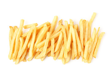 Pile of delicious French fries on white background, top view