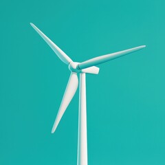 A sleek modern wind turbine stands against a vibrant teal background, symbolizing renewable energy and innovation in sustainable power generation.