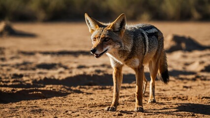 Obraz premium A coyote stands on a sandy terrain, showcasing its keen expression and natural habitat.