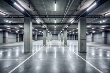 Empty modern underground parking garage with bright fluorescent lighting and concrete pillars